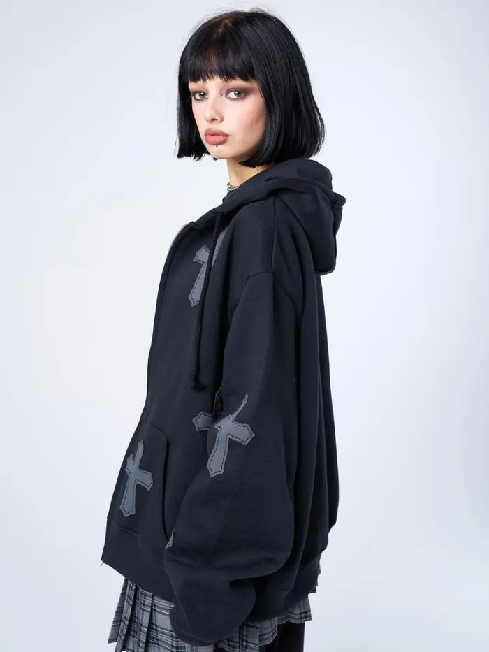 Clothing Minga London Jackets Raven Cross Patch Oversized Zip Up Hoodie