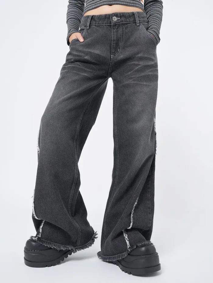 Clothing Minga London Jeans Zoe Washed Black Distressed Wide Leg Jeans