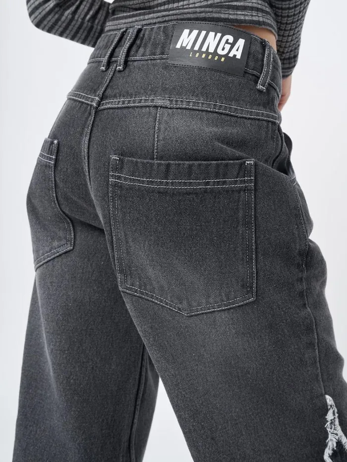Clothing Minga London Jeans Zoe Washed Black Distressed Wide Leg Jeans