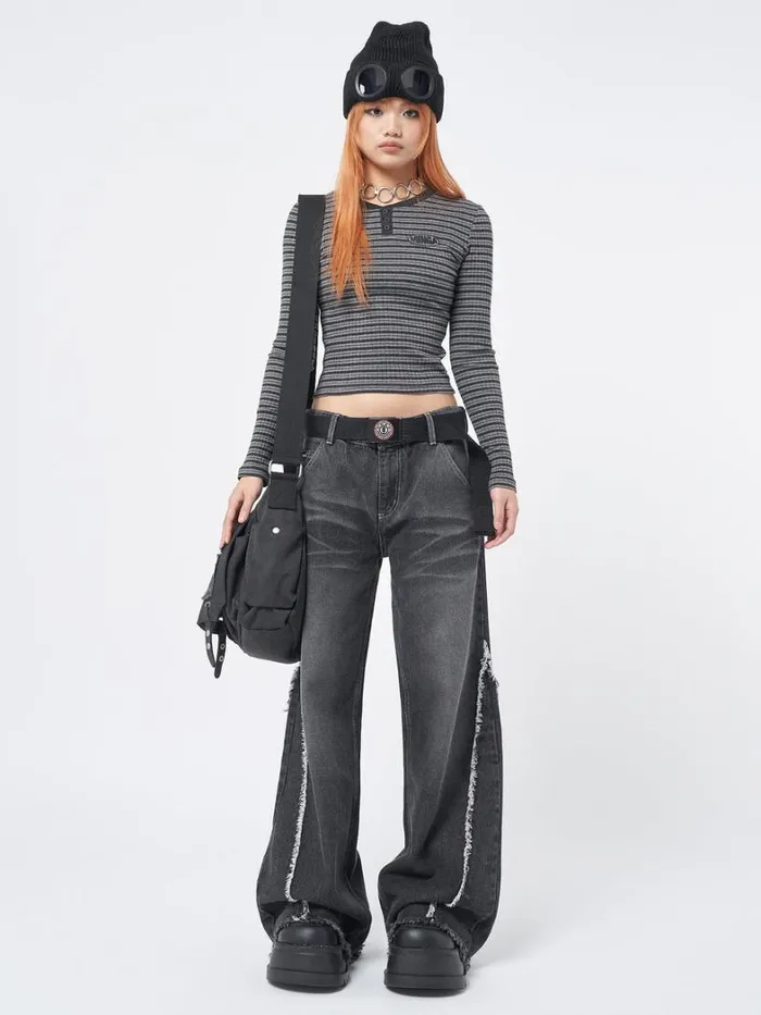 Clothing Minga London Jeans Zoe Washed Black Distressed Wide Leg Jeans