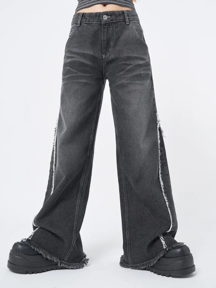 Clothing Minga London Jeans Zoe Washed Black Distressed Wide Leg Jeans