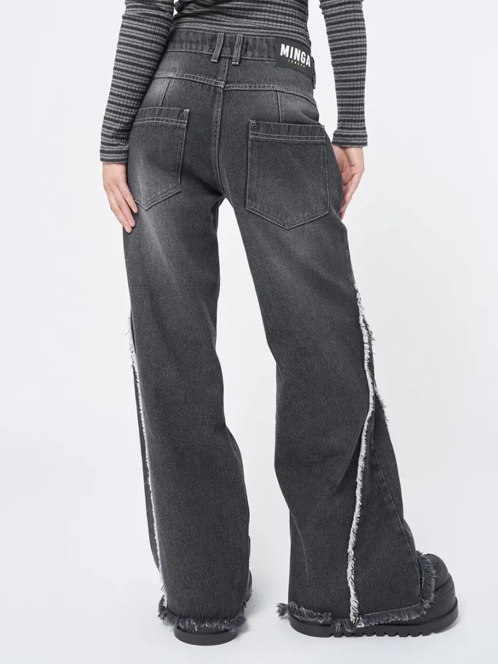 Clothing Minga London Jeans Zoe Washed Black Distressed Wide Leg Jeans