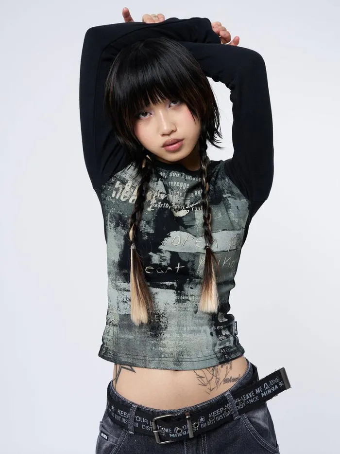 Clothing Minga London Long Sleeve Tops Abstrakt Black Green Graphic Top