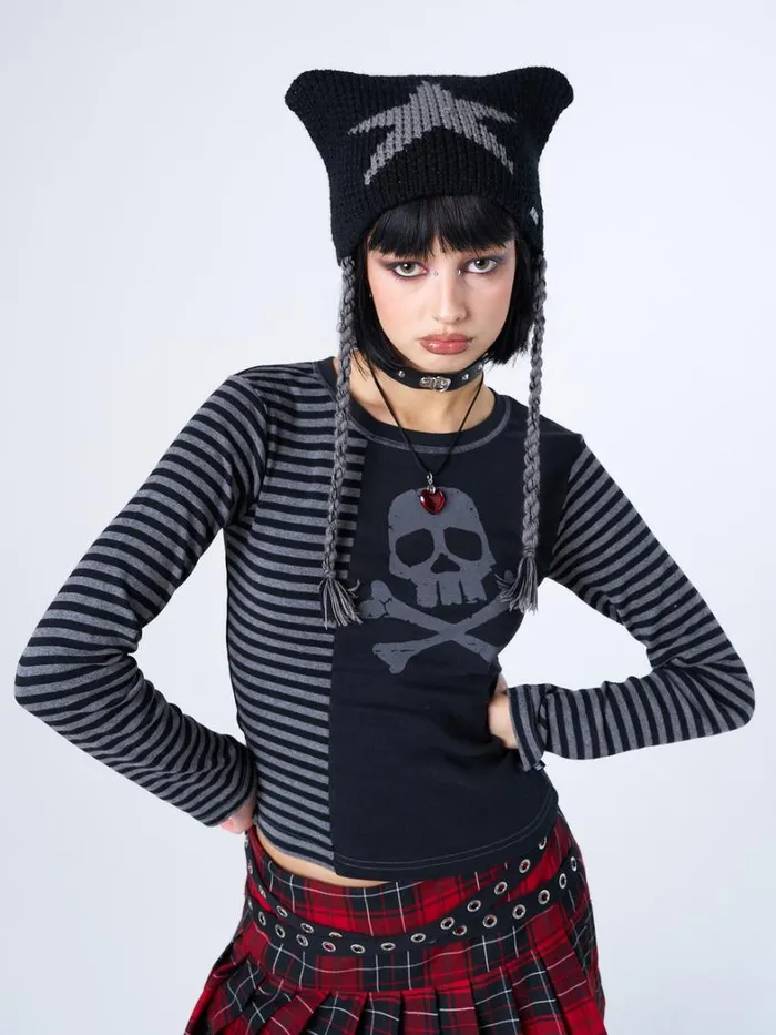 Clothing Minga London Long Sleeve Tops Avril Grey Skull Striped Top