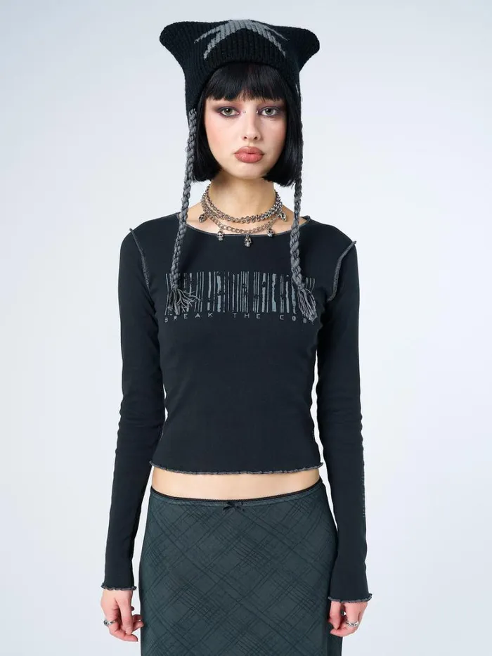 Clothing Minga London Long Sleeve Tops Break The Code Black Graphic Top