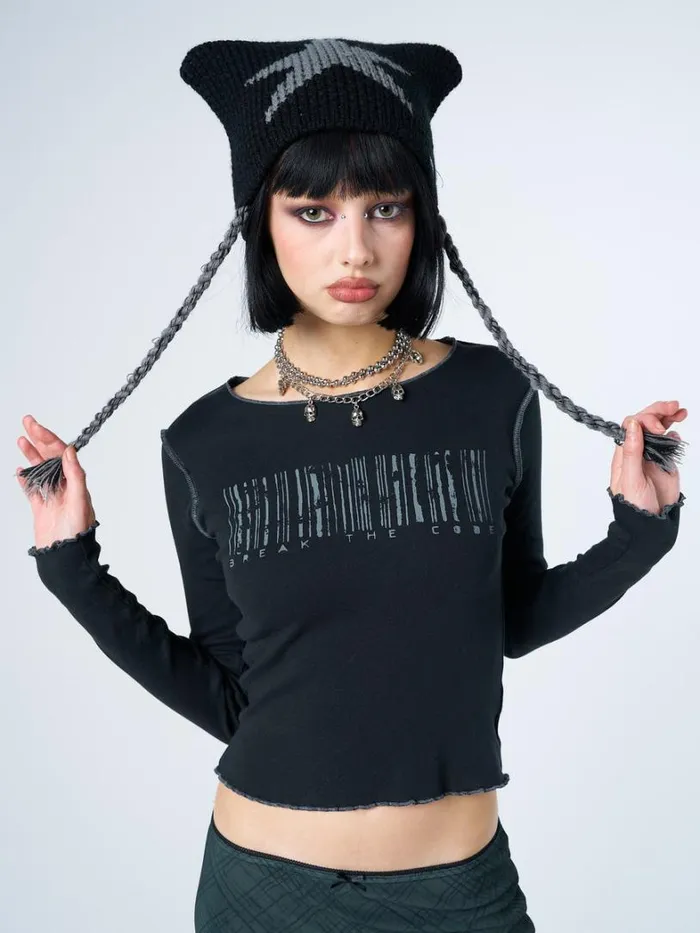 Clothing Minga London Long Sleeve Tops Break The Code Black Graphic Top