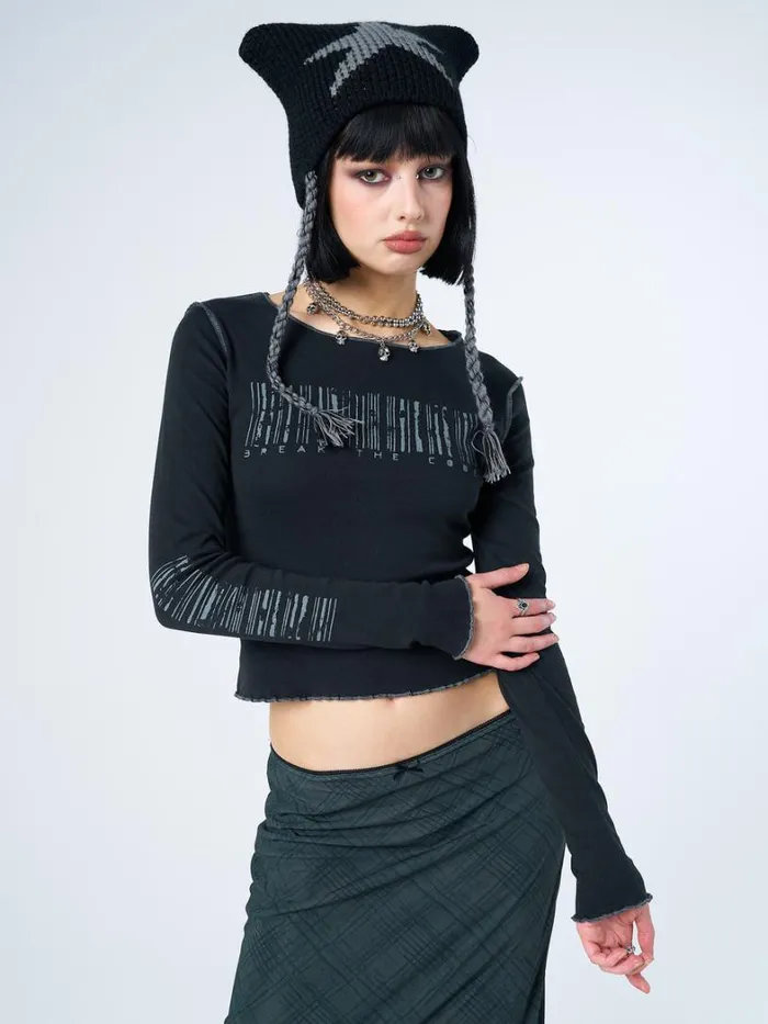 Clothing Minga London Long Sleeve Tops Break The Code Black Graphic Top