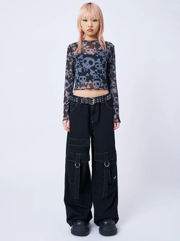 Clothing Minga London Long Sleeve Tops Buffy Black and Grey Skull Mesh Top