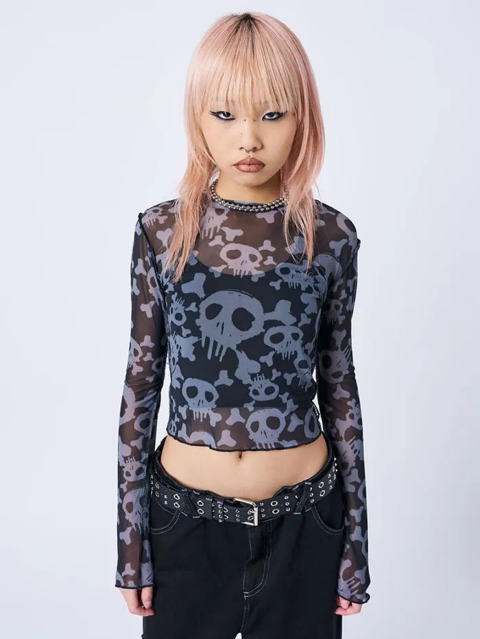 Clothing Minga London Long Sleeve Tops Buffy Black and Grey Skull Mesh Top