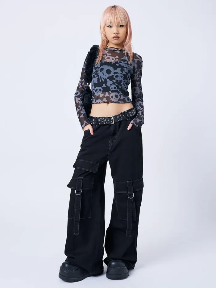 Clothing Minga London Long Sleeve Tops Buffy Black and Grey Skull Mesh Top