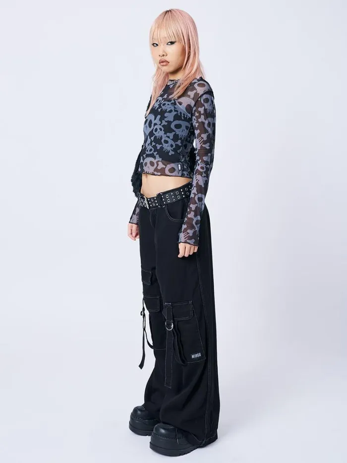Clothing Minga London Long Sleeve Tops Buffy Black and Grey Skull Mesh Top