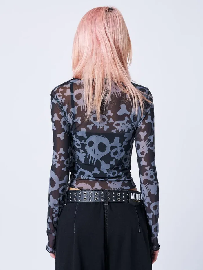 Clothing Minga London Long Sleeve Tops Buffy Black and Grey Skull Mesh Top