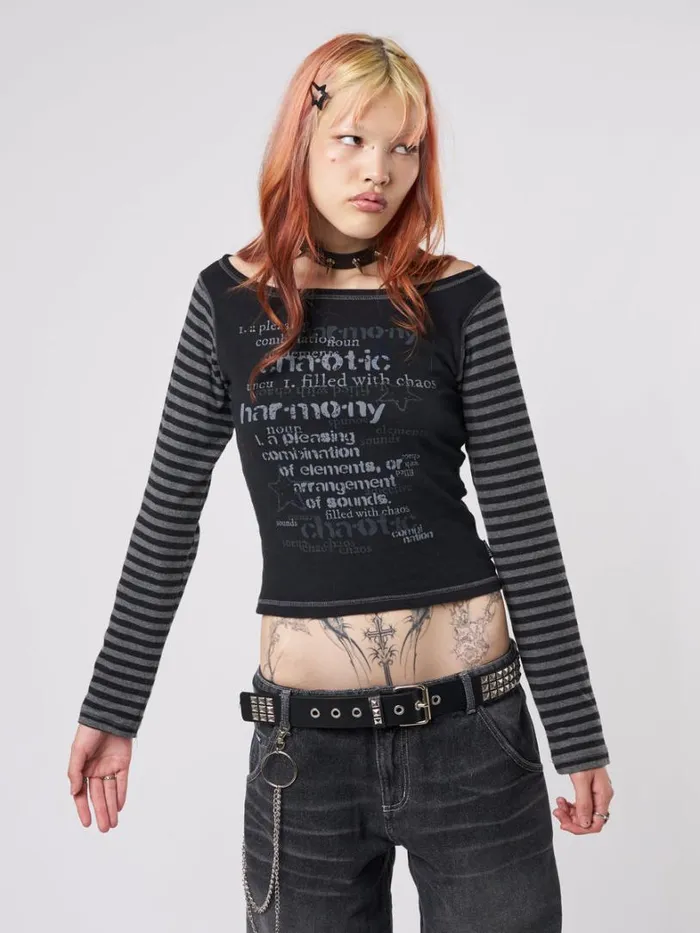 Clothing Minga London Long Sleeve Tops Chaotic Harmony Black Striped Graphic Top