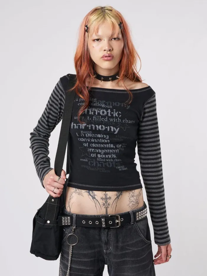 Clothing Minga London Long Sleeve Tops Chaotic Harmony Black Striped Graphic Top