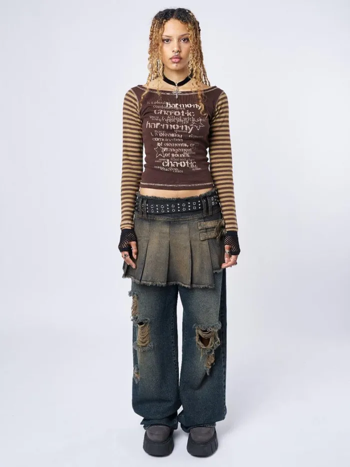 Clothing Minga London Long Sleeve Tops Chaotic Harmony Brown Striped Graphic Top