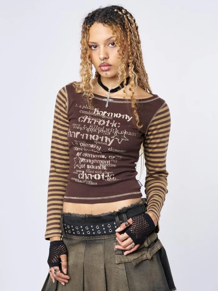 Clothing Minga London Long Sleeve Tops Chaotic Harmony Brown Striped Graphic Top