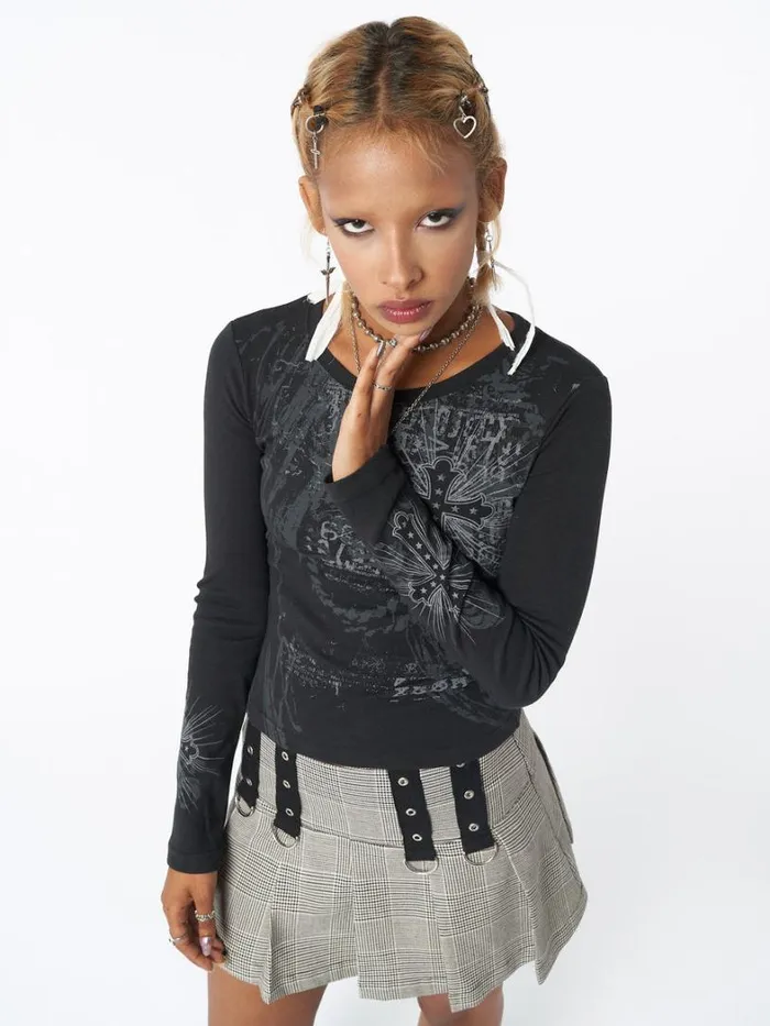 Clothing Minga London Long Sleeve Tops Cross Me Black Graphic Top