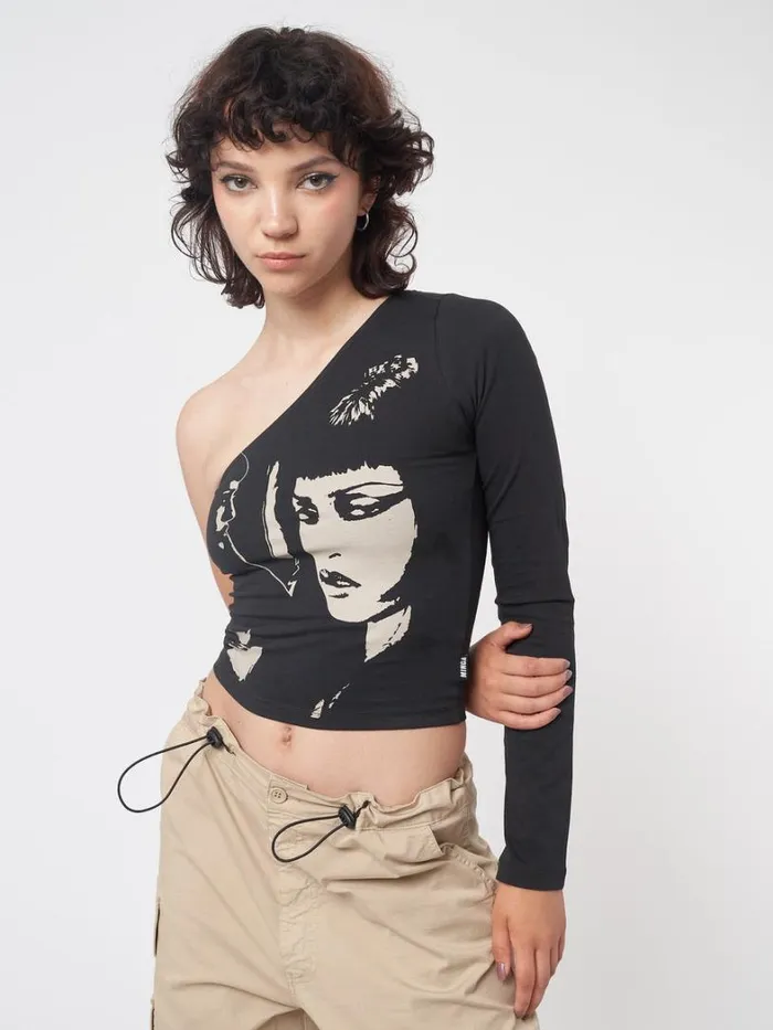 Clothing Minga London Long Sleeve Tops Face Off Black One Shoulder Top