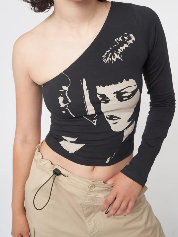 Clothing Minga London Long Sleeve Tops Face Off Black One Shoulder Top