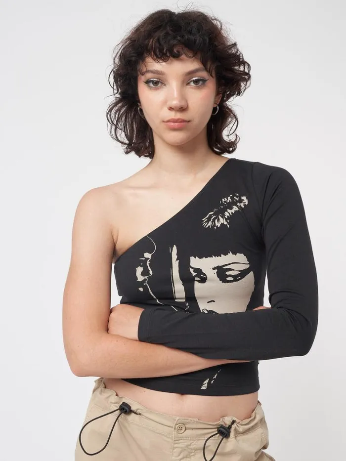 Clothing Minga London Long Sleeve Tops Face Off Black One Shoulder Top