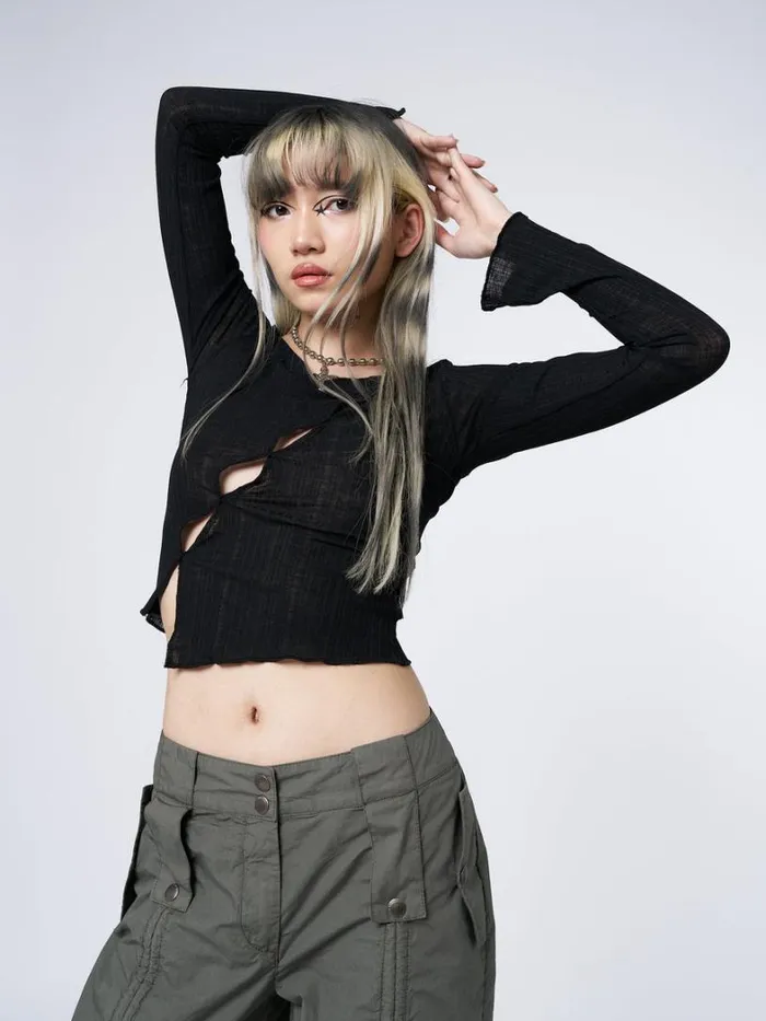 Clothing Minga London Long Sleeve Tops Hana Black Asymmetrical Cut Out Top