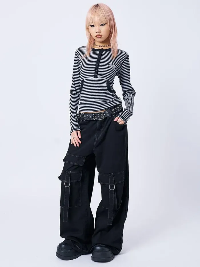 Clothing Minga London Long Sleeve Tops Kimi Grey Half Button Striped Top
