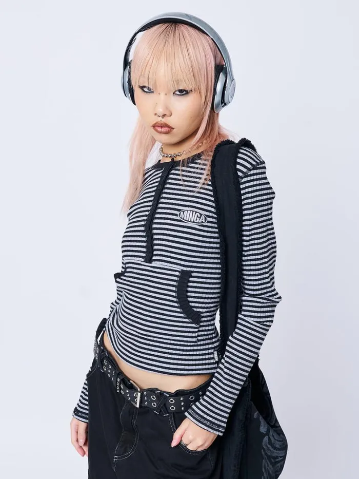 Clothing Minga London Long Sleeve Tops Kimi Grey Half Button Striped Top