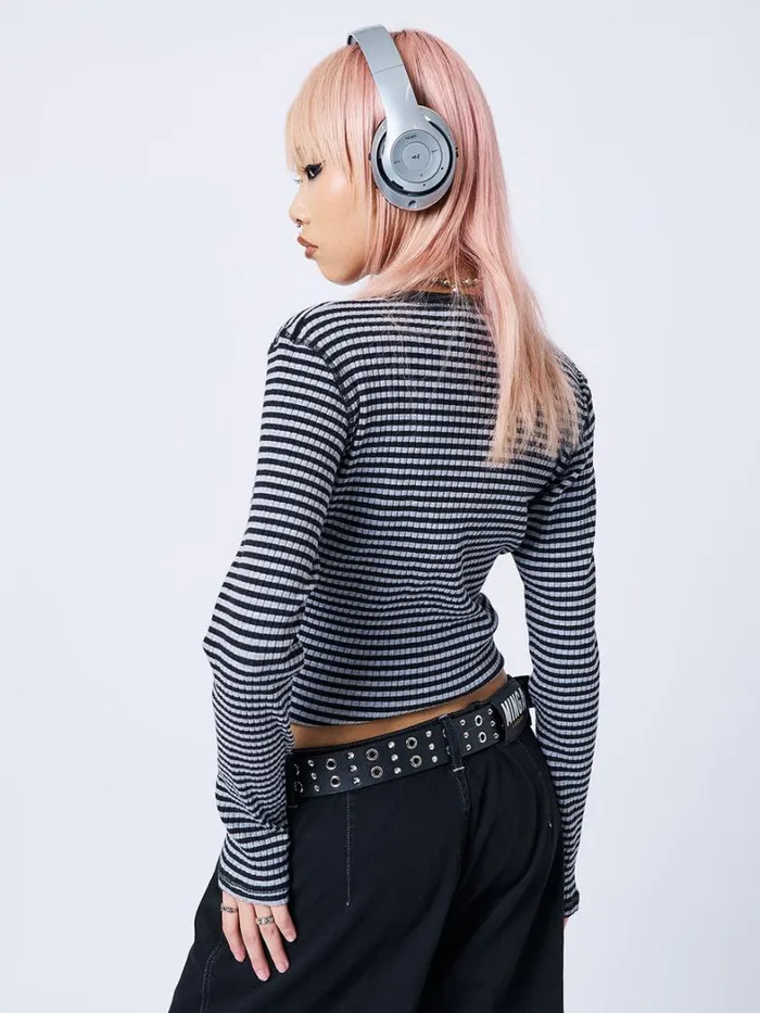 Clothing Minga London Long Sleeve Tops Kimi Grey Half Button Striped Top