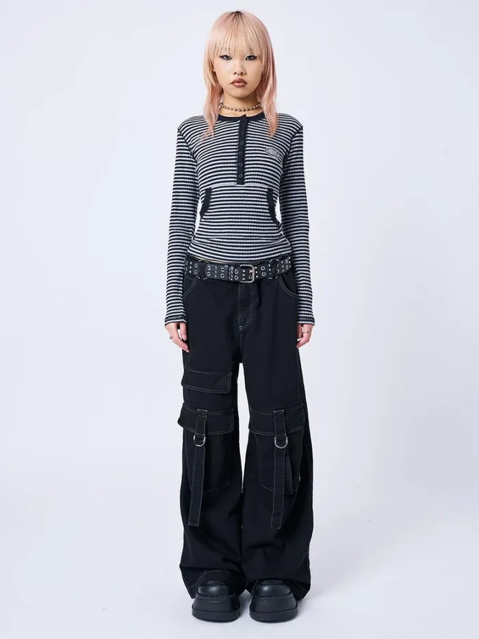 Clothing Minga London Long Sleeve Tops Kimi Grey Half Button Striped Top