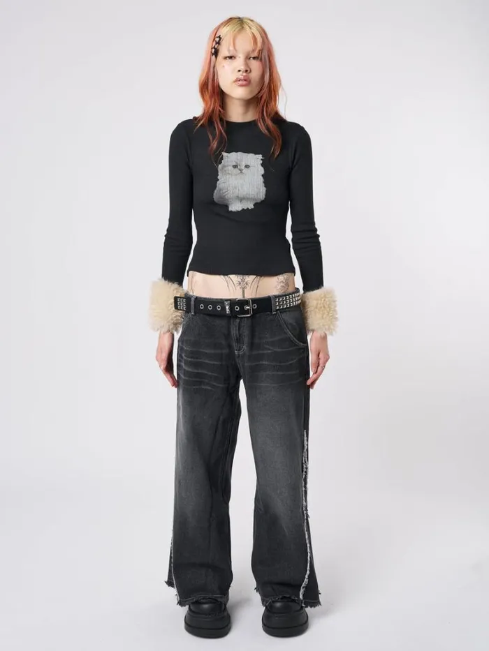 Clothing Minga London Long Sleeve Tops Kitty Faux Fur Cuffs High Neck Top