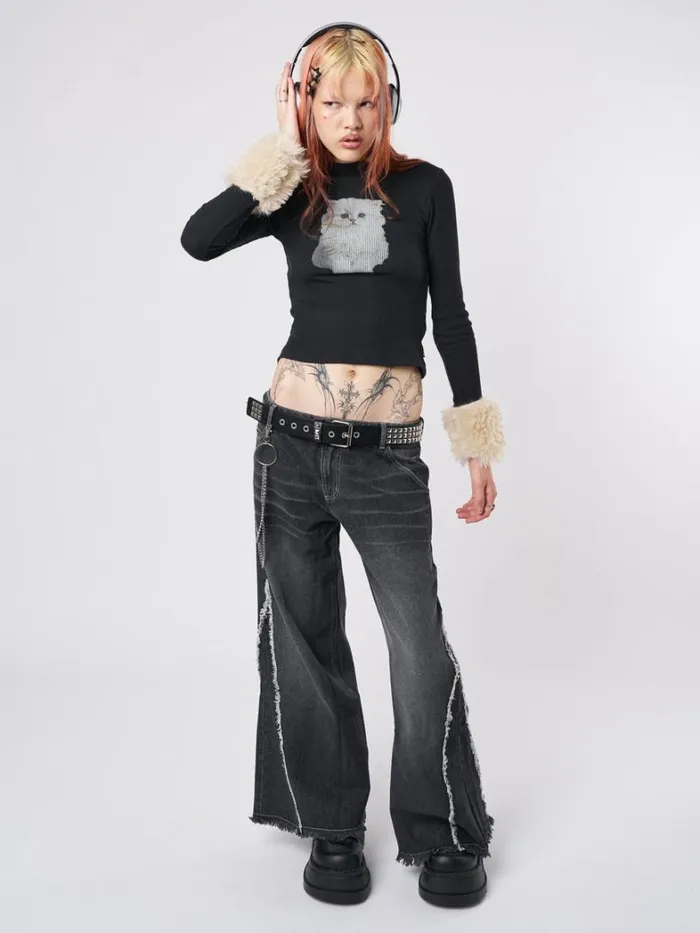 Clothing Minga London Long Sleeve Tops Kitty Faux Fur Cuffs High Neck Top