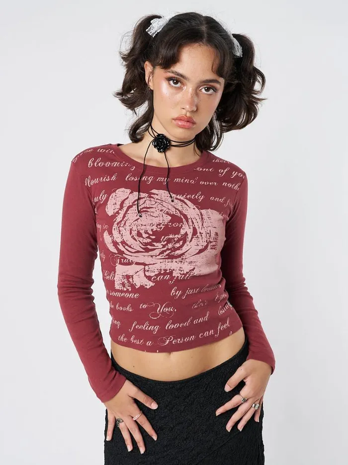 Clothing Minga London Long Sleeve Tops Lost Rose Burgundy Graphic Top