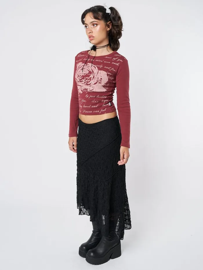 Clothing Minga London Long Sleeve Tops Lost Rose Burgundy Graphic Top