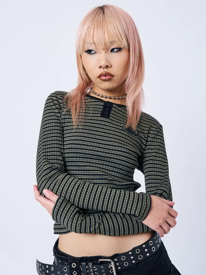 Clothing Minga London Long Sleeve Tops Mona Half Button Striped Rib Top