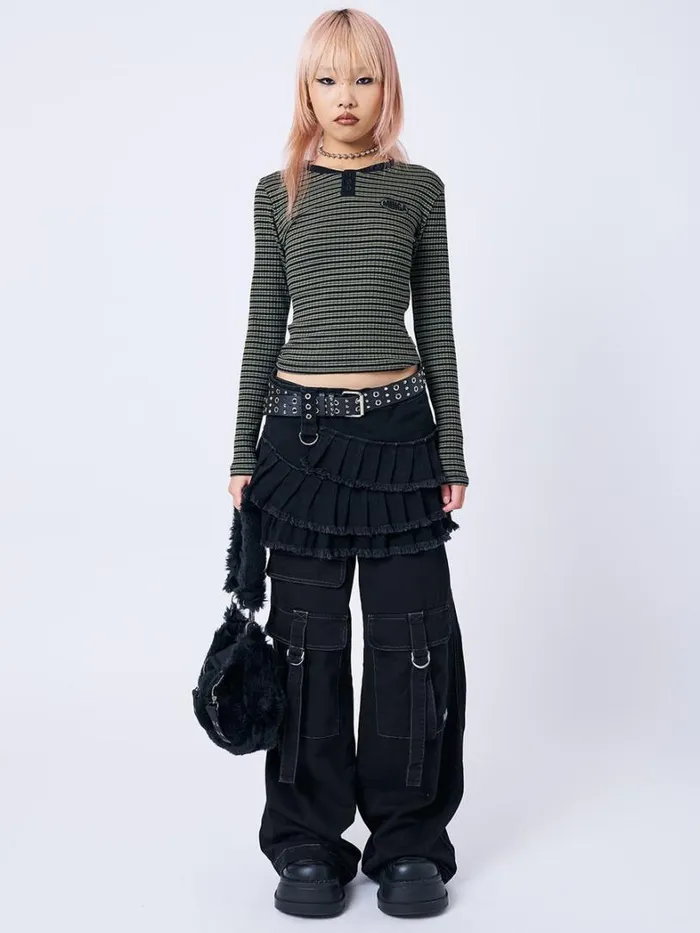 Clothing Minga London Long Sleeve Tops Mona Half Button Striped Rib Top