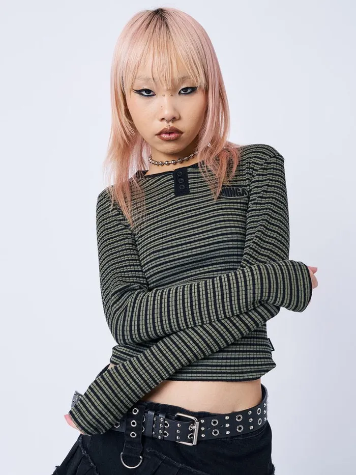 Clothing Minga London Long Sleeve Tops Mona Half Button Striped Rib Top