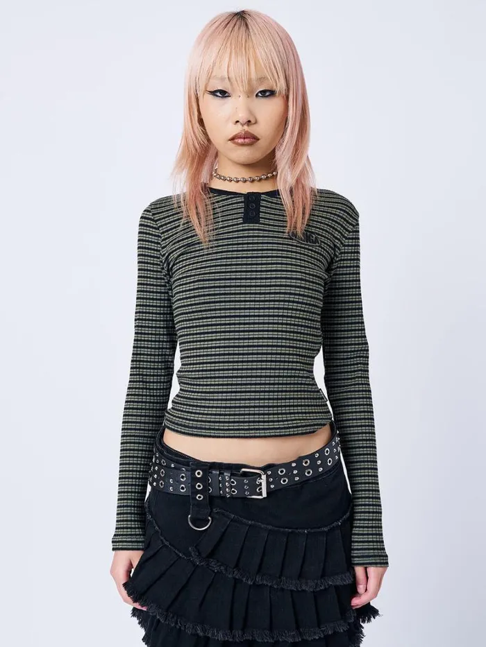 Clothing Minga London Long Sleeve Tops Mona Half Button Striped Rib Top
