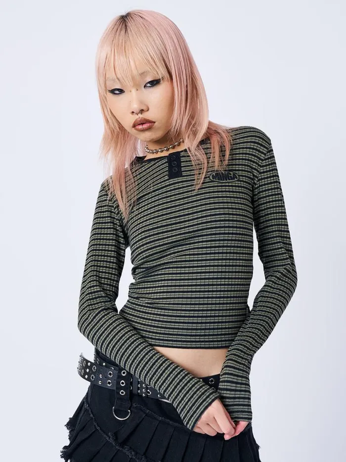 Clothing Minga London Long Sleeve Tops Mona Half Button Striped Rib Top