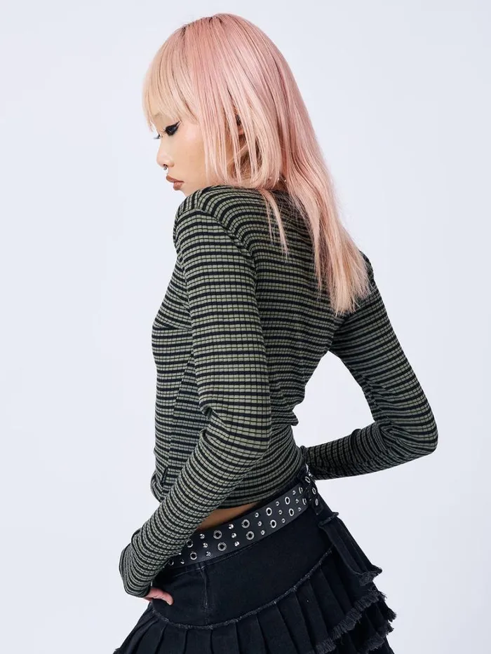 Clothing Minga London Long Sleeve Tops Mona Half Button Striped Rib Top