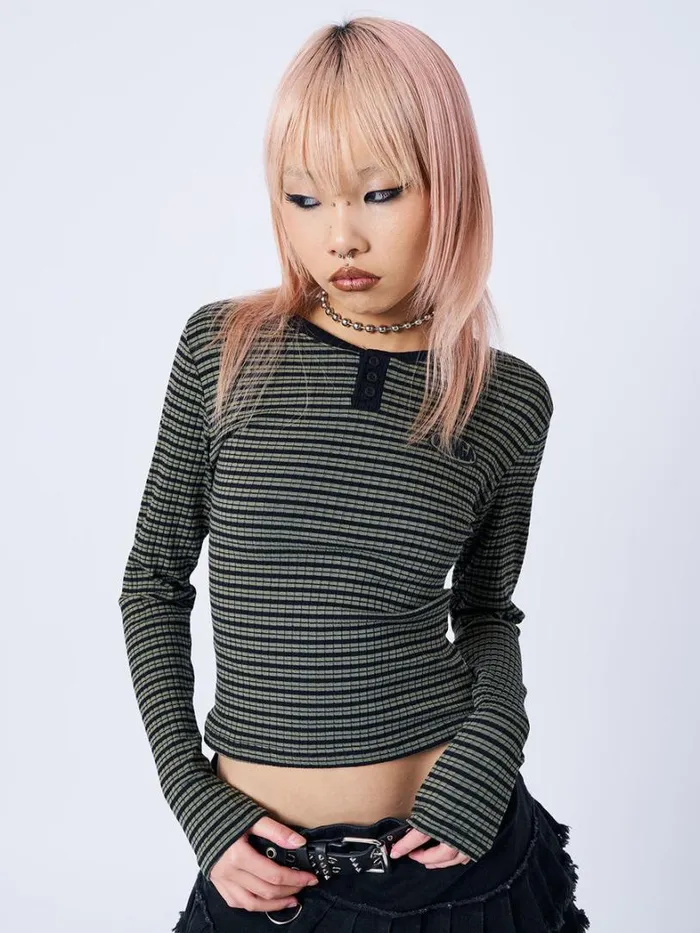 Clothing Minga London Long Sleeve Tops Mona Half Button Striped Rib Top