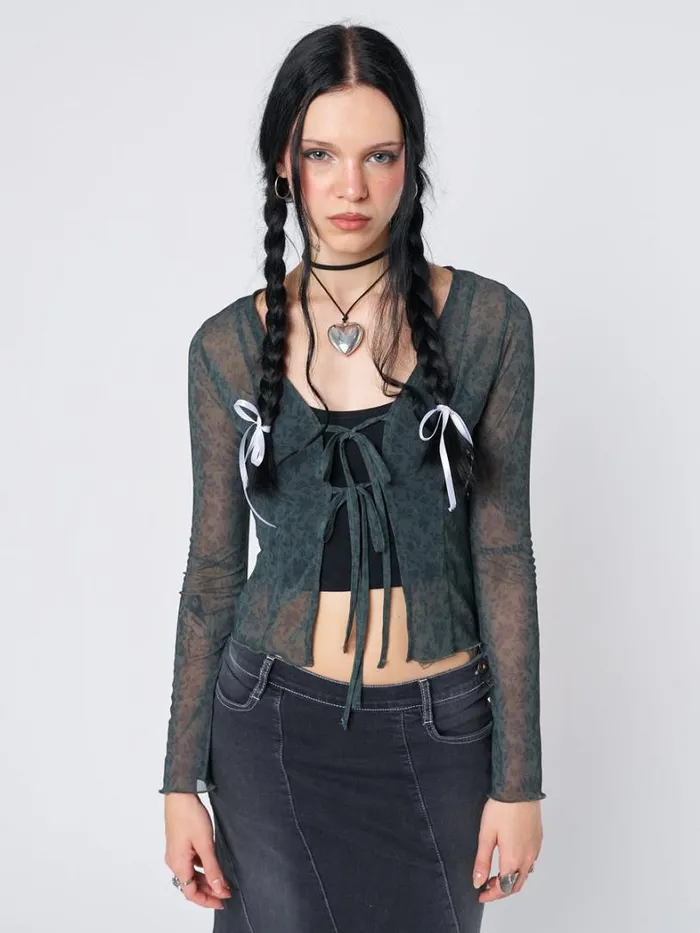 Clothing Minga London Long Sleeve Tops Nori Green Tie Blouse Top