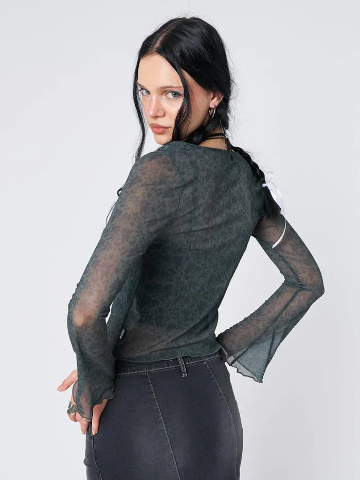 Clothing Minga London Long Sleeve Tops Nori Green Tie Blouse Top