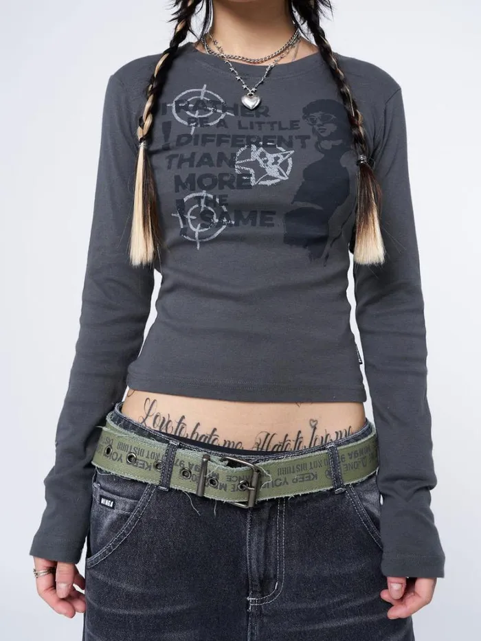 Clothing Minga London Long Sleeve Tops Rather Be Different Grey Graphic Top