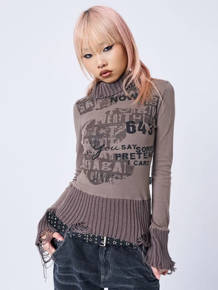 Clothing Minga London Long Sleeve Tops Say Sorry Distressed High Neck Top