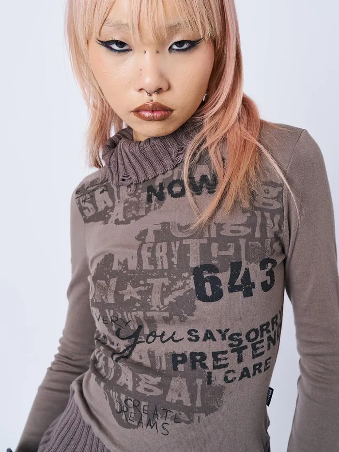 Clothing Minga London Long Sleeve Tops Say Sorry Distressed High Neck Top