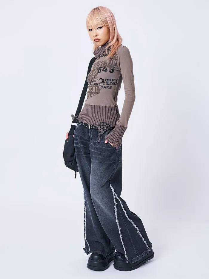 Clothing Minga London Long Sleeve Tops Say Sorry Distressed High Neck Top