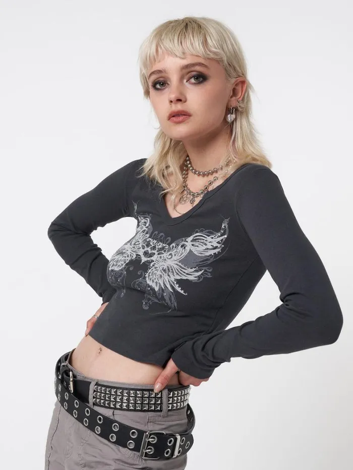 Clothing Minga London Long Sleeve Tops Strass Heart Wings Crop Top