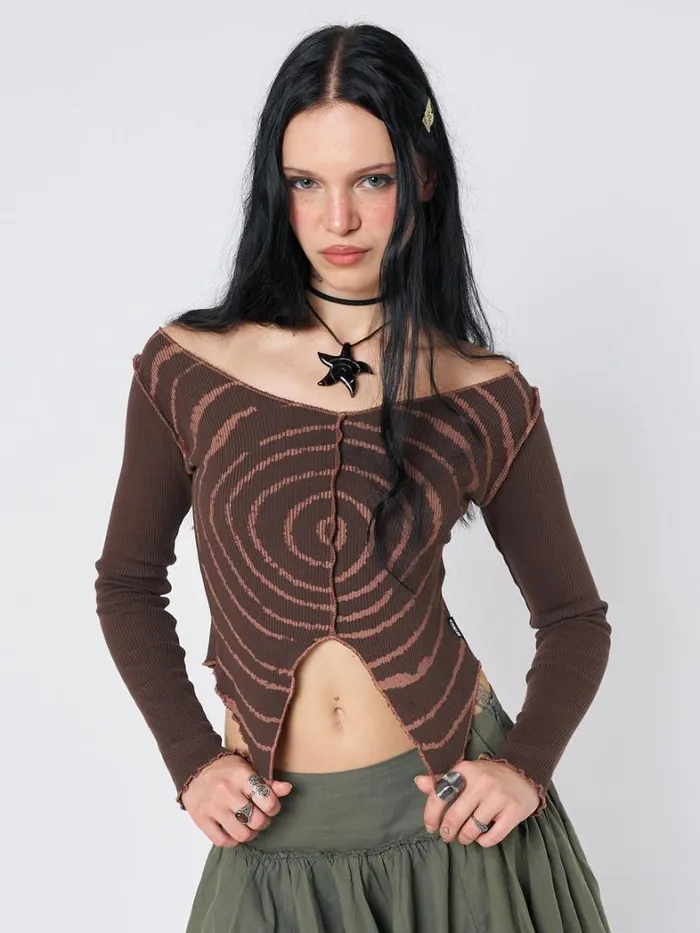 Clothing Minga London Long Sleeve Tops Tranceum Brown Asymmetrical Top