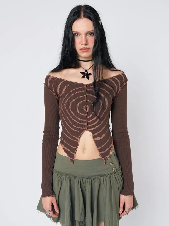 Clothing Minga London Long Sleeve Tops Tranceum Brown Asymmetrical Top