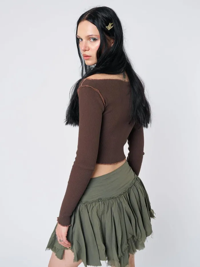 Clothing Minga London Long Sleeve Tops Tranceum Brown Asymmetrical Top